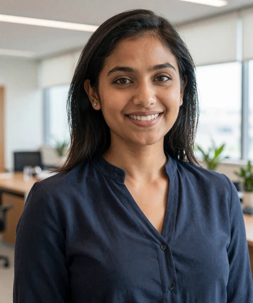 Professional woman in business attire smiling in an office, representing Shantidate diverse user demographic