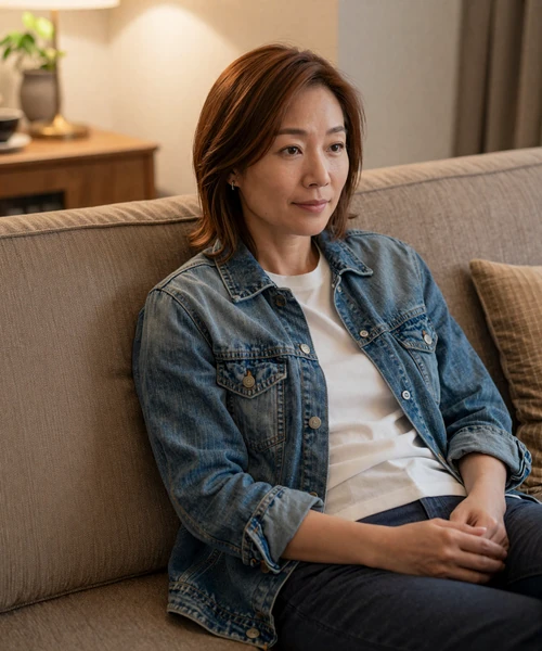 Woman in denim jacket relaxing on sofa, representing comfortable Shantidate dating experience