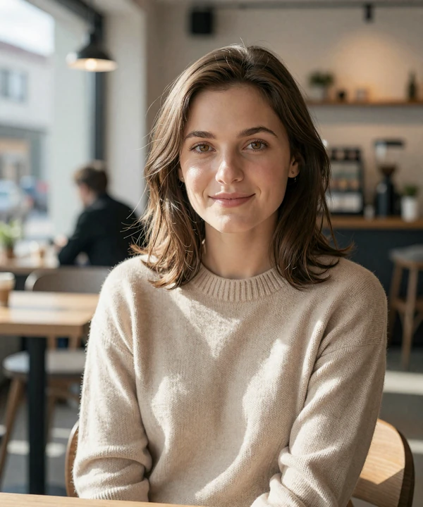 Woman in beige sweater at a coffee shop, representing authentic Shantidate dating platform members