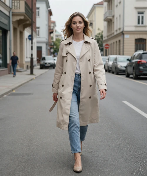 Woman in trench coat walking on city street, representing safe and confident Shantidate dating experience