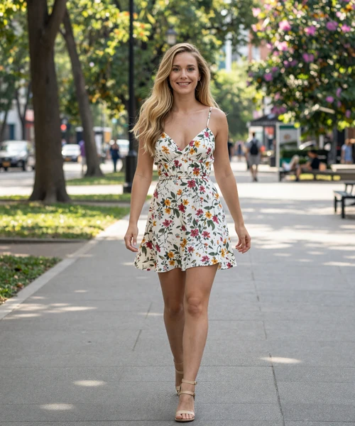 Woman in floral dress walking through a city park, illustrating Shantidate international dating community